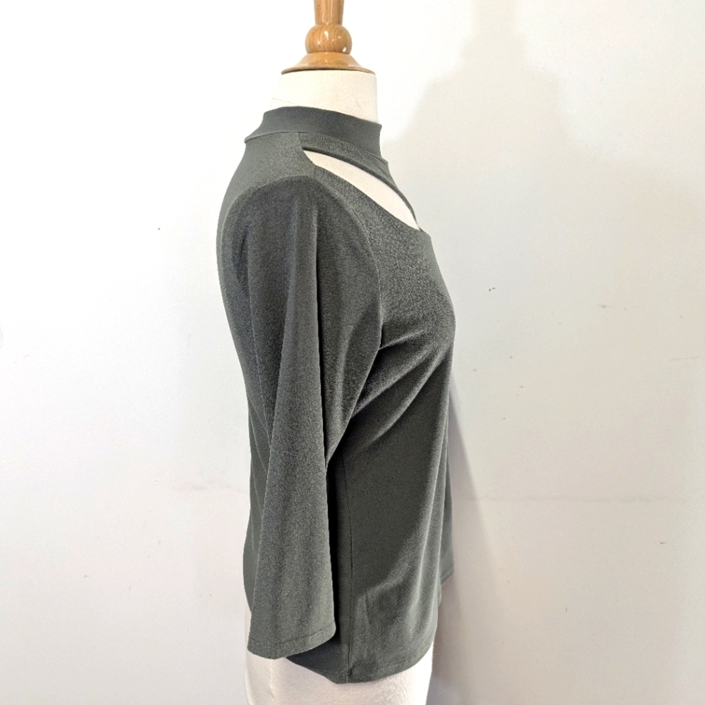 A.U.W Cut Out Neckline Olive Green Top Stretch Knit Bodycon S Mock Neck - Picture 6 of 10